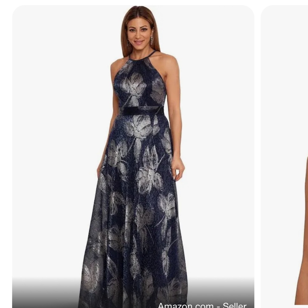 Betsy & Adam Long Halter Wrap Foil Blue Print Maxi Dress SIZE 6